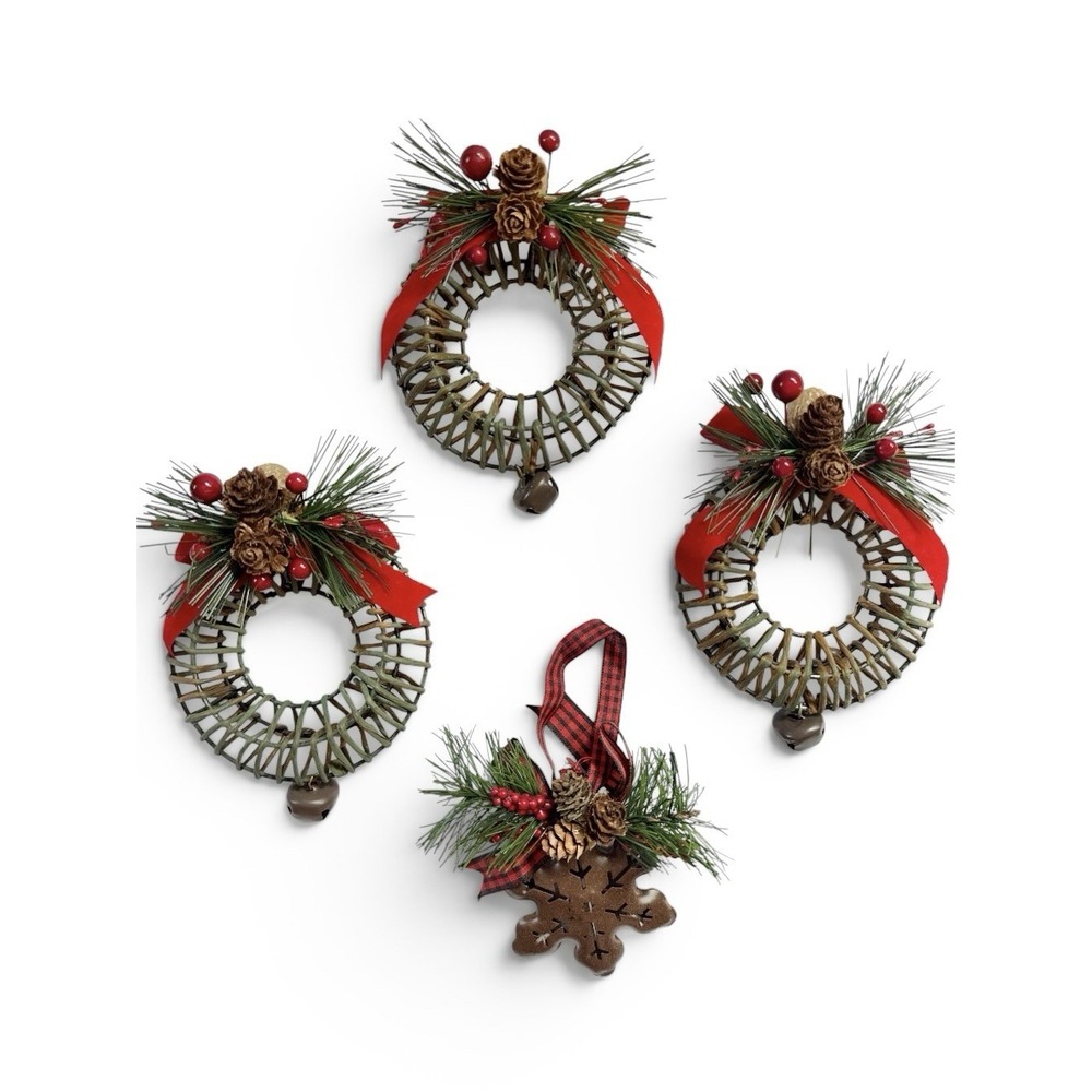 Rustic Metal Wreath Sleigh Bell Snowflake Ornaments Country Christmas 4pc Set